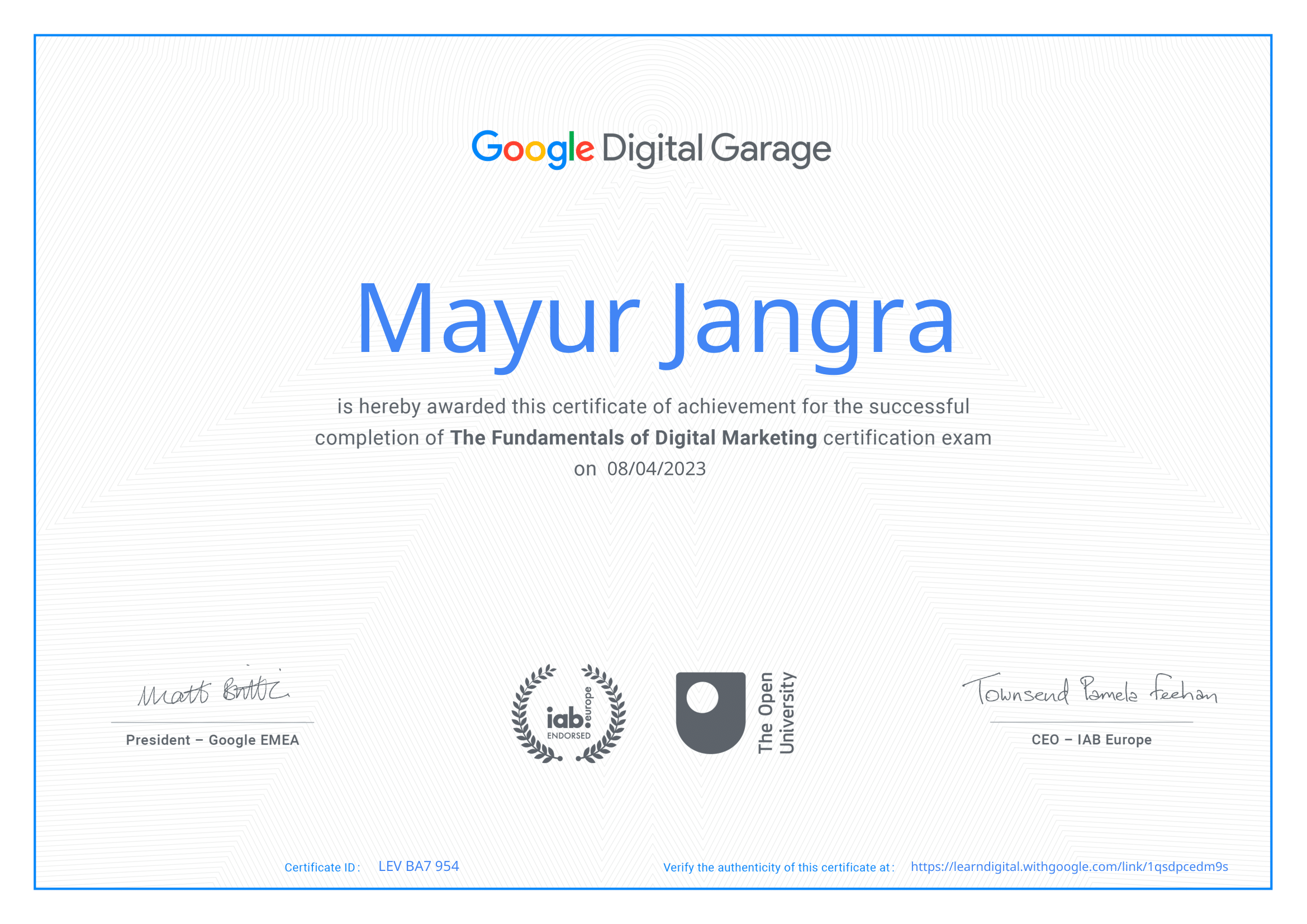 Home digital garage certificate 1